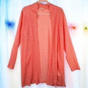 Colletta Open-Front Women's Sweater Coral Crocheted Long Sleeve Cover up Sz 12